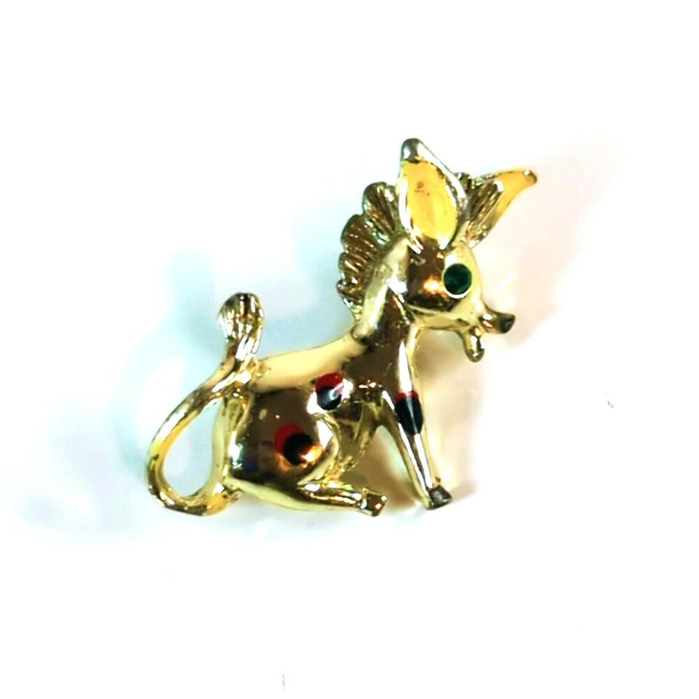 Vintage Gold-Tone Donkey Brooch With Green Rhinestone Eye Painted Red Polka Dots